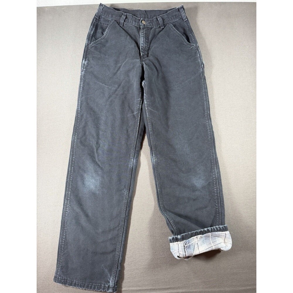 VTG Carhartt Flannel Lined Black Carpenter Pants Mens 30x34 Duck Canvas B111 BLK